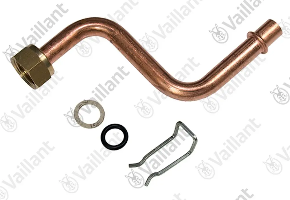 Vaillant Kupferrohr mit Winkel, das mit einer Mutter, Dichtungen und einer Halterung geliefert wird. Das Teil ist für den Anschluss an ein Ausdehnungsgefäß konzipiert.